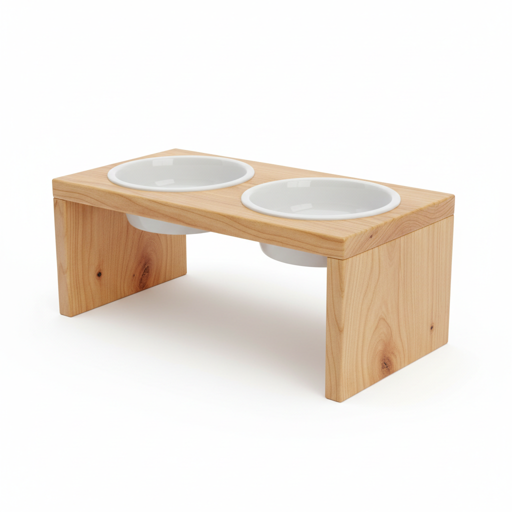 Handcrafted Elevated Wooden Feeding Station (with Ceramic Bowls)